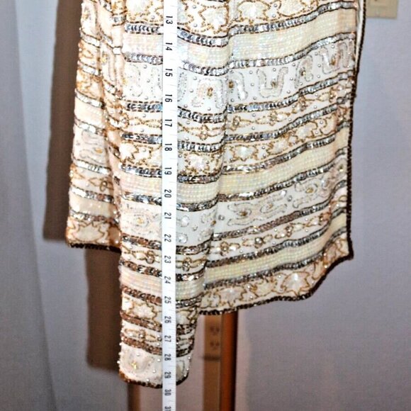 80s Evening Jacket Beads Sequins 100% Silk Ivory Gold Women's - Picture 15 of 16